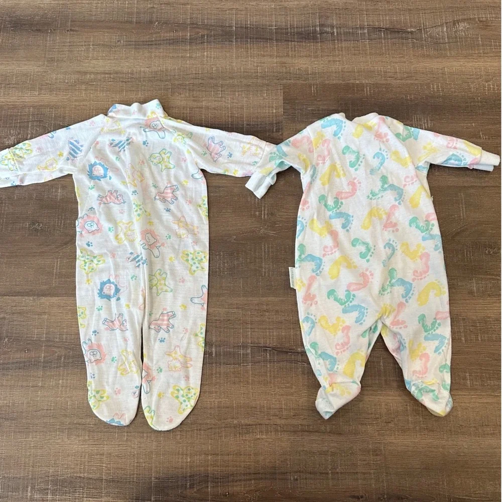 Vintage Little Me Baby Footie Sleeper Set Pastel Animal Footprint White 2PK 0-3M